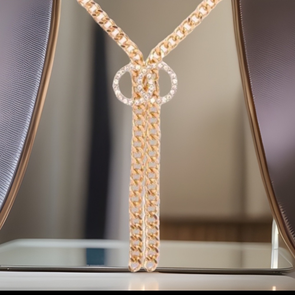 Gold Interlocked Double Clear Crystal Circles W/ Y Link Chain Choker Necklace